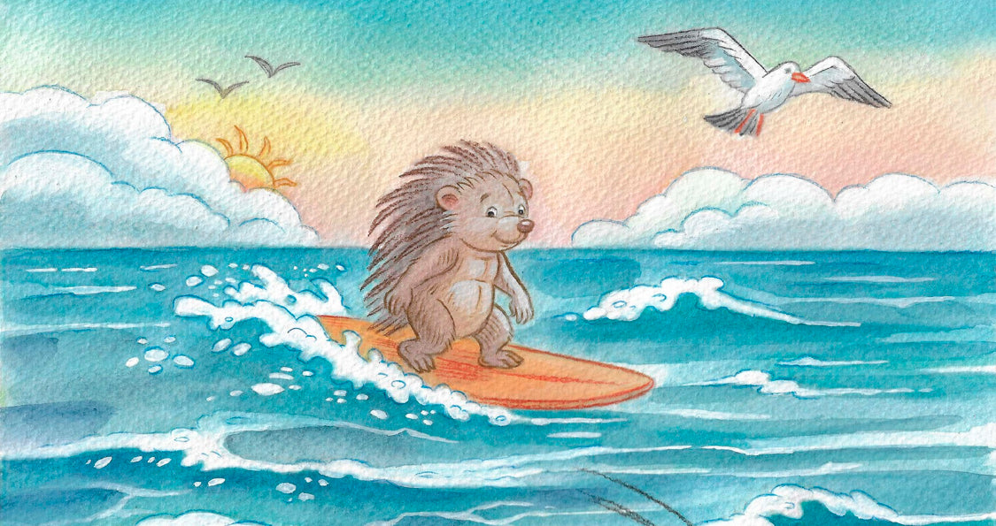 surf inspired children's book charector patience the porcupine surfing a wave teaching kindness and boundaries 